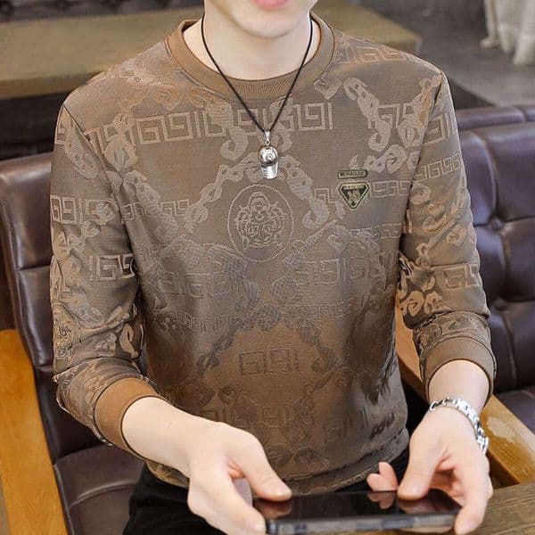 Long Sleeve T-Shirt 2025 New Autumn Winter Sweatshirt Men's Round Neck Jacquard Loose Top Base Shirt