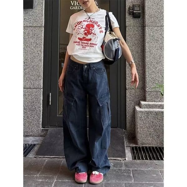 Americn High Street Lrge Pocket Scimitr Pnts Women's Crgo Pnts Designer Pnts Design Sense Loose Pleted Hip-hop Csul Wshed Long Pnts Trendy