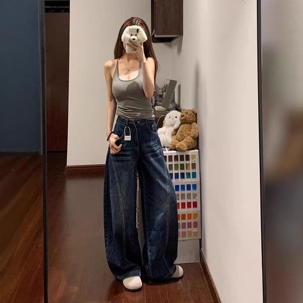 Americn Retro High Street Scimitr Designer Pnts Wide-leg Jens For Women Spring Nd Autumn New High-wist Drped Slimming Verstile Floor-length Pnts
