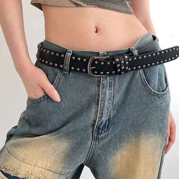 2026 New Women Women's Jeans Tie-in Ladies' Personality Rivet Belt Senior Black Fashion XJ260303