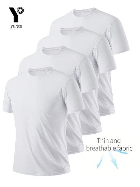 Round Neck T-Shirt 4-Pack White Ultra-Light Mens Quick Drying Breathable Sweat-Absorbent Shirt Suitable for Fitness Gym and Run 260227