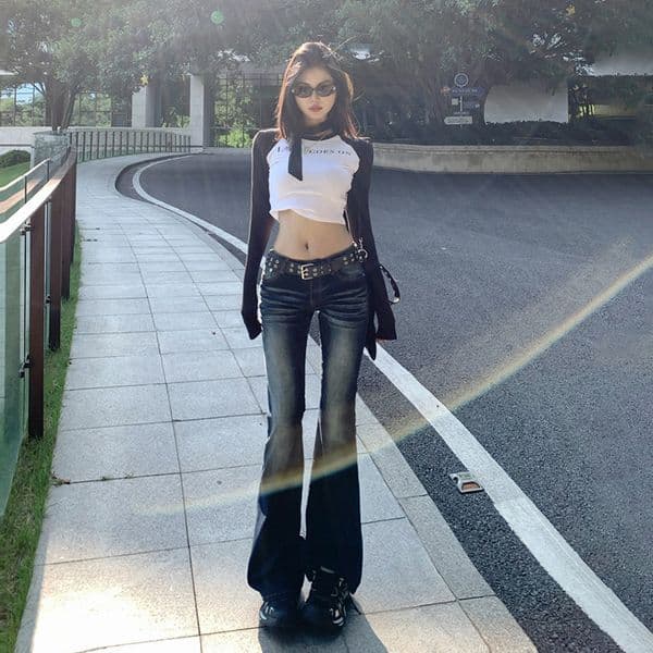 Americn-style Vintge Low-rise Flred Jens For Women Spring Nd Utumn Verstile Stretch Designer Pnts Slim-fit Skinny Jens