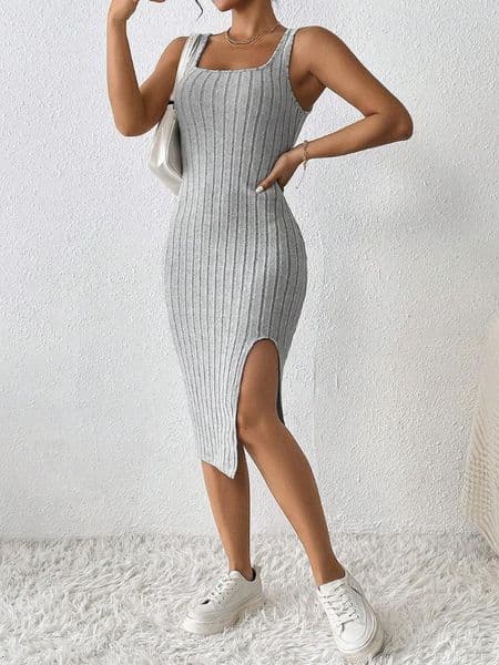 Casual Dresses Women Summer Style Knitted Suspender Dress Lady Sleeveless Square Collar Side Slit Skirt Vestidos
