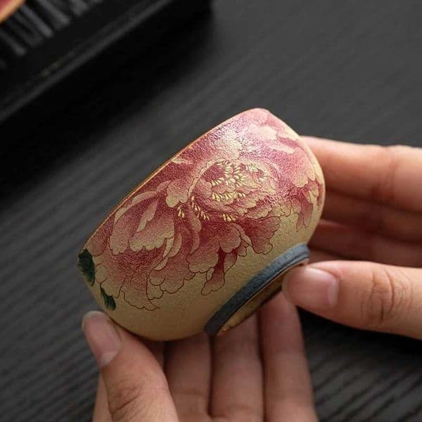 Blue White Peony Flint Red Glaze Ceramic Tea Cup Chinese fu Tea Set Personal Master Cup He Decor H260303