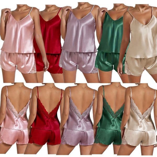 Women's Backless Deep V-Lace Pajamas Sexy Luxury Soft Satin Pajamas Set Comfortable Sleeveless Spaghetti Straps Cami Pajamas Summer