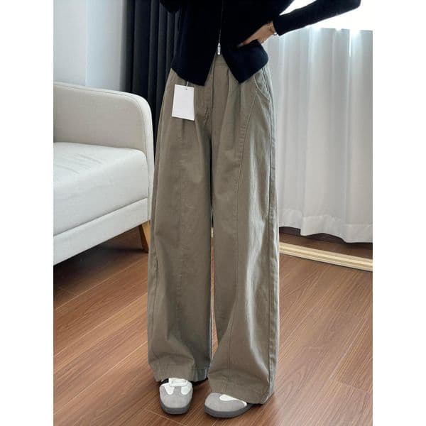 Americn-style Gry-green Workwer Csul Pnts For Women Designer Pnts New Utumn Collection Plus-size High-wisted Loose-fitting Slimming Wide-leg Curved-leg Pnts