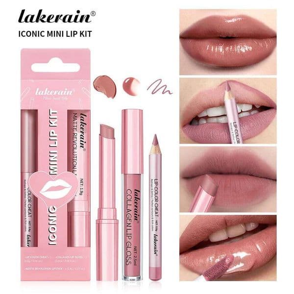 lakerain 3pcs mini matte lipstick+lip gloss+lip liner precise outline three-dimensional lip plumping lipstick set H260303