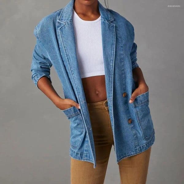 Women's Jackets Washed Denim Coat Fashion Casual Solid Color Lapel Long Sleeve Suit Style Cowboy Coats Tops Commuting Clothing Female