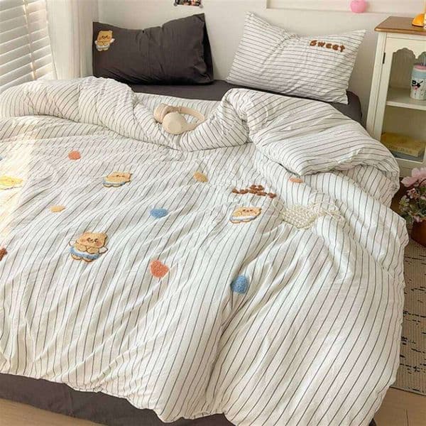 Ins Cartoon Embroidery Quilt Non-Cotton Love Cream Fresh Four-Piece Printing Lovely Korean Sheets 3-Piece Set W260302