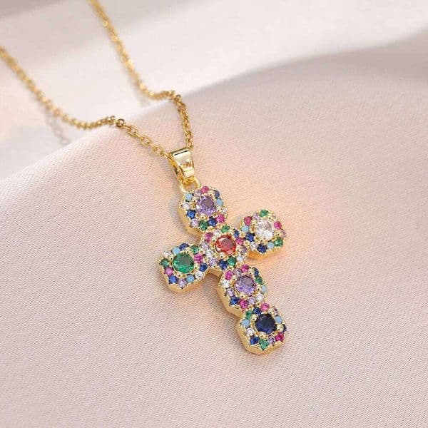 Luxury Female Colorful Zircon Big Cross Pendant Clavicle Necklaces For Women Stainless Steel Chains Wedding Party Neck Jewelry Y260302