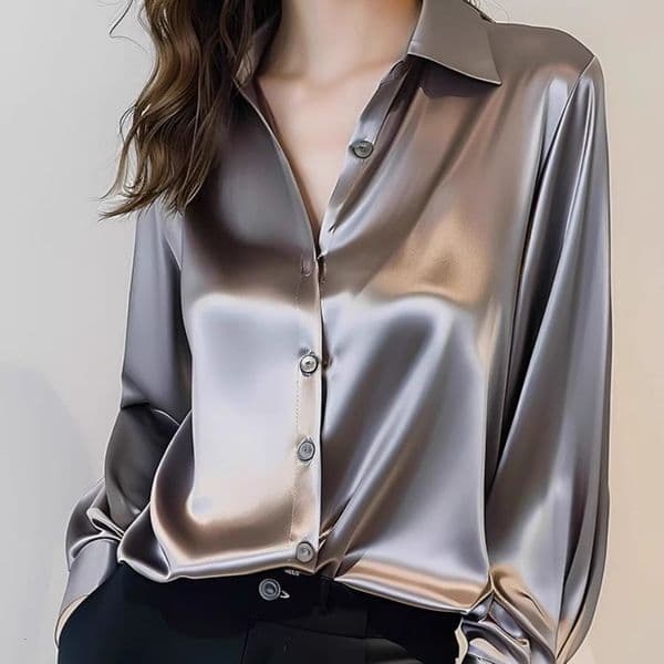 2026 Spring And Autumn New Style Gray Acetate Designer Shirt Satin Shirt Designer Hoodie For Women Long Sleeve Chic French Polo Shirt Silk Professional Blouse
