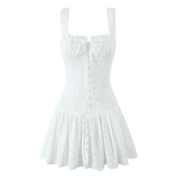 Summer New French Sweet Style Cotton Embroidered Waist Slimming Strap Dress