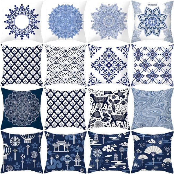 Designer Abstract Floral Cushion Covers 44x44cm Blue and White Geometric Print Pillow Covers for Sofa Office with Insert