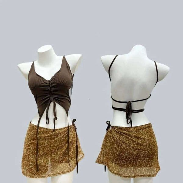 Three Point Coffee Swimsuit Suit Neck Lace-up Design Bikini Set Mini Style Slimming Halter Backless Small Chest Y260303