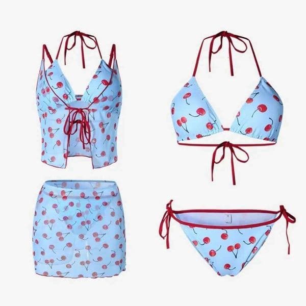Desire Pure Color Cherry Bikini V Neck Mesh Lace Sexy Swimwear Wrap Skirt Push Up Four Piece Set Summer Holiday Y260303