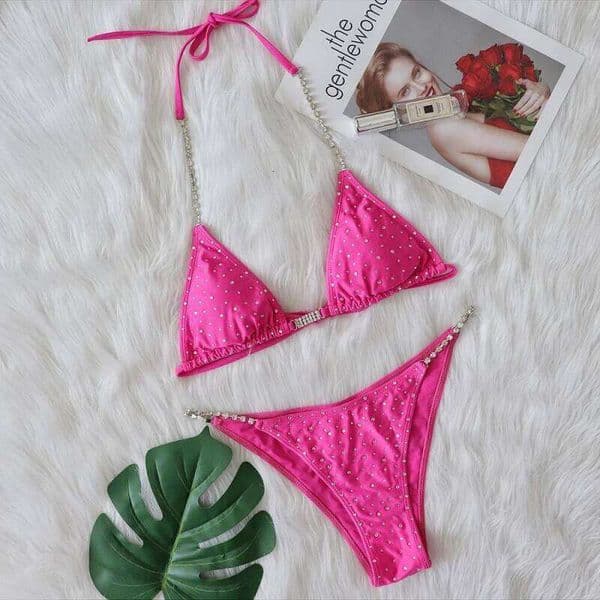 Sexy crystal diamond chain two-piece WOMEN'S solid color tie swimsuit bikini Y260303