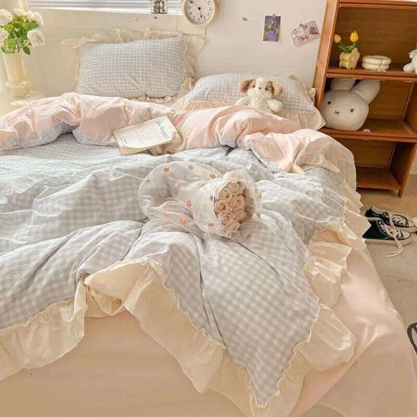 Korean Grid Printed Bedding Set with Lace Washed Cotton Skin Friendly Cozy Comforter Cover Sets Single Double Queen Bedclothes C260304