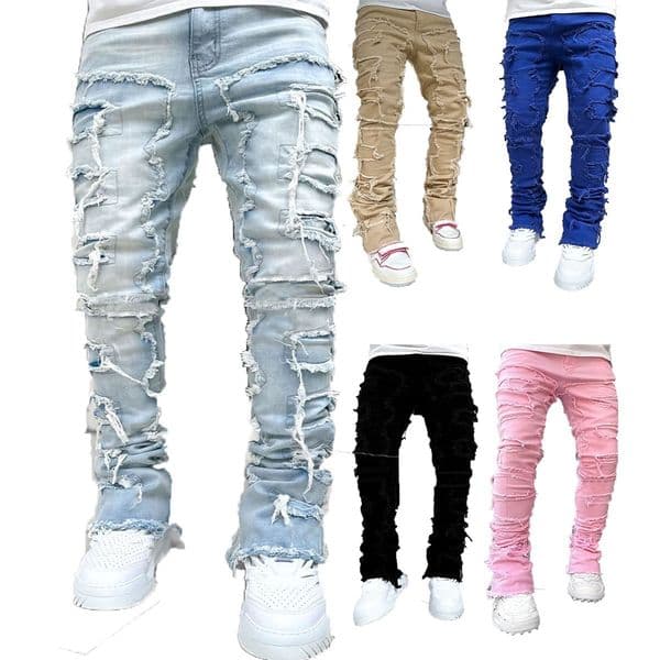 New Men's Denim Straight Pants Designer Pants European And American Street Fashion Ins Hot Elastic Patch Denim Straight Pants