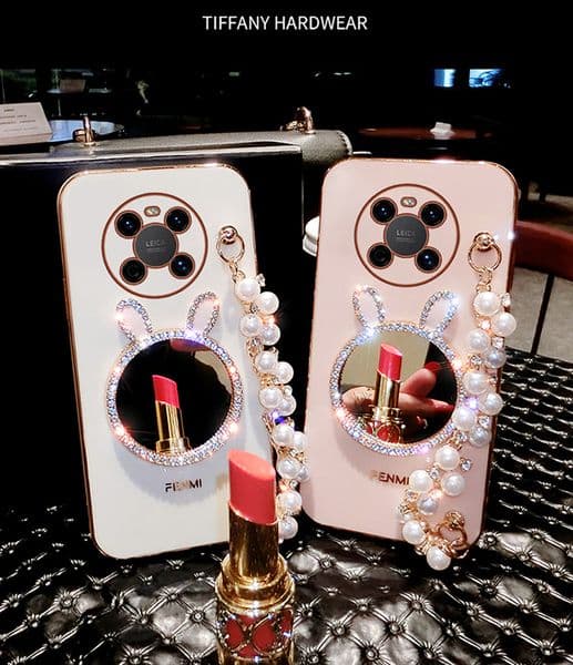 Rabbit Rhinestone Makeup Mirror Phone Case For Iphone 16 15 14 13 12 11 Pro Max Plus Bracelet 16Promax 15Pro Phone Case Soft 15Promax 16Pro Cover Ladies 14Promax Shell