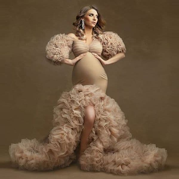 Floral Ruffled Maternity Prom Dresses Sexy Split Puffy Sleeve Elastic Custom Made Women Mermaid Party Dresses Plus Size M02