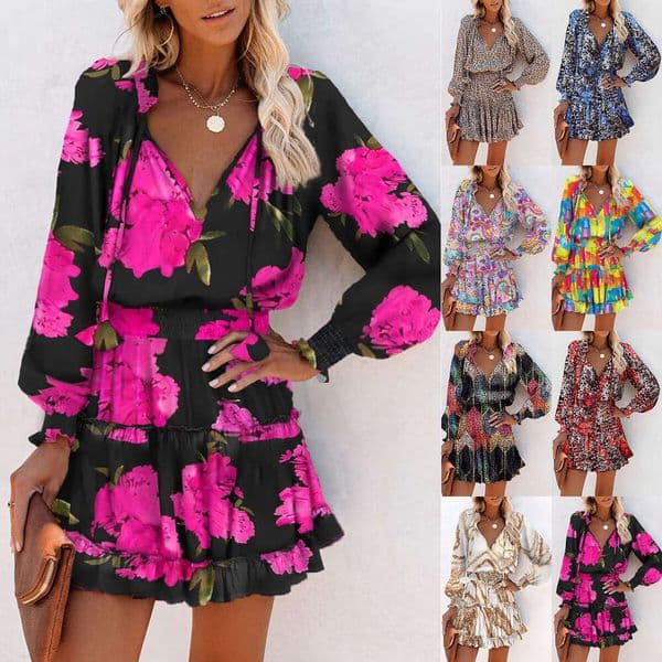 Amazon's best-selling European and American women's fashion cross-border trendy printed V-neck waist-cinching long-sleeve dress