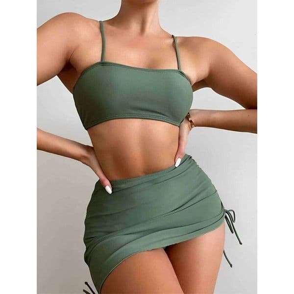 3 Pieces Padded Bikini 2025 Women & Drawstring Skirt Solid Swimsuit Sexy Swimwear Female Bathers Bathing Swimming Swim Suit Y260303