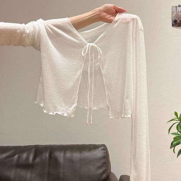 French-style ruffled long-sleeve t-shirt, thin sun-protective cover-up, lace-up knitted cardigan, new summer top for women
