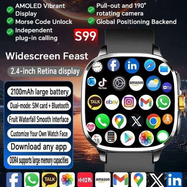 Android 13.0 Smartwatch 5G Full Netcom Smart Watch With 190 Rotary Camera GPS Position WIFI NFC 2100mAH Battery 2.4inch Amoled 26H0304