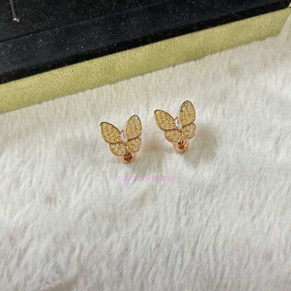 designer vanly cleeef earring V Gold French Butterfly Earrings Unique Elegant Inlaid Diamonds Luxurious Sophisticated Exquisitely Shiny