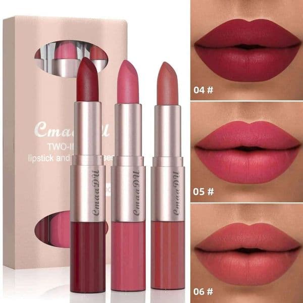 3pcs Lipstick Lipgloss Set Double Head Non-stick Cup Waterproof Sexy Woman Lip Makeup Long Lasting Lipsticks Kit H260303