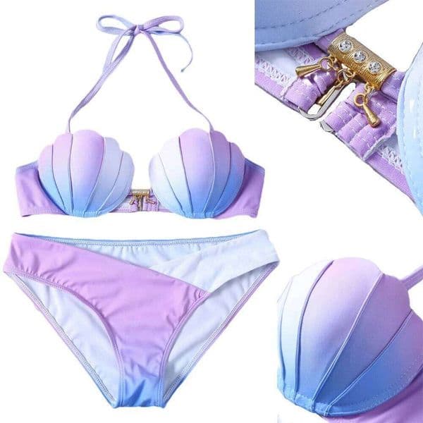 Mermaid Style Fashion Women Two Pieces Bikini Set Gradient Color Shell Halter Swimsuit Girl Swimwear Sports Beach Clothing 2023 Y260303