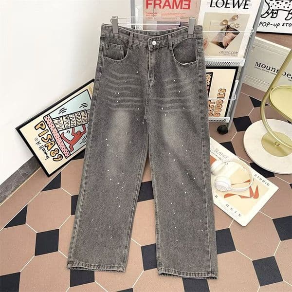 Vintage Washed Distressed Gray Splatter-paint Scythe Jeans For Men And Women Designer Pants Trendy American Street Style Loose Wide-leg Pants