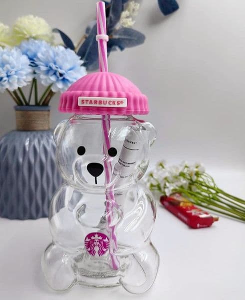 New Strawburry Pink Star bucks Glass Bear Cup 20oz Straw Cute Transparent Tumbler With Hat Iced Coffee Cold Drinking Mugs For Christmas Gift Wholesale