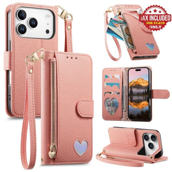 Wallet Case for Samsung Galaxy S26 S25 Edge Zipper Pocket Purse with Shoulder Wrist Strap Leather Stand Flip Folio Card Holder Cover for iPhone 17 Pro Max 16 Air 15 14