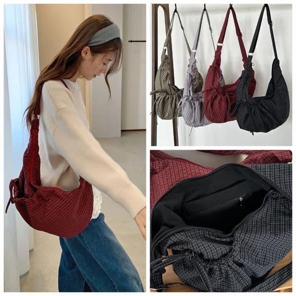 Retro Plaid Hobos Shoulder Bags for Women Drawstring Pocket Nylon Dumpling Bag Large Capacity Portable Travel Messenger Bag 260304