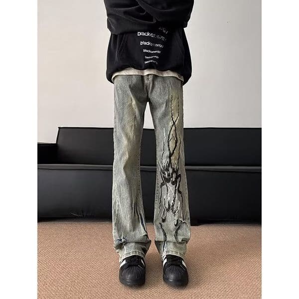 Trendy Fashion Streetwear Pants For Designer Pants Men American High Street Flame Yellow Mud Straight-leg Jeans Summer Thin Flared Pants