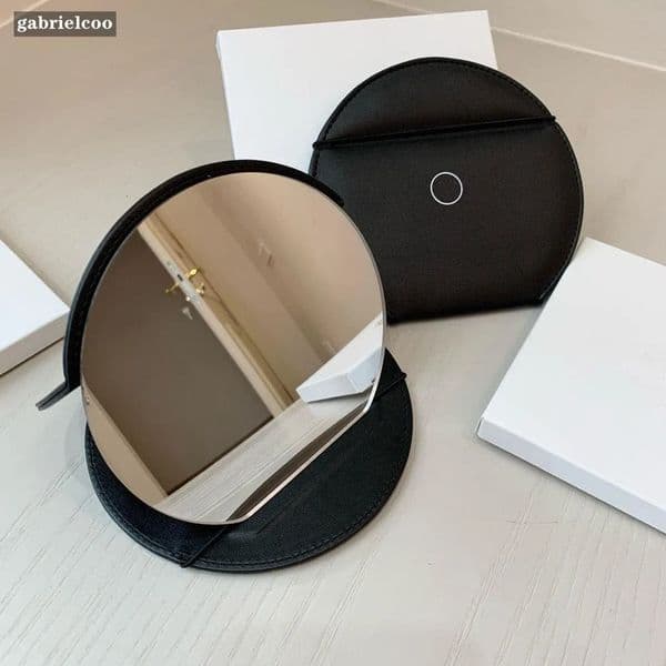 Luxury Designer Decor Luxury Gift Set Designer Decor Black Round Compact Folding Makeup - gift set Premium Leather, Portable Travel Vanity Mirror For Women, 13.