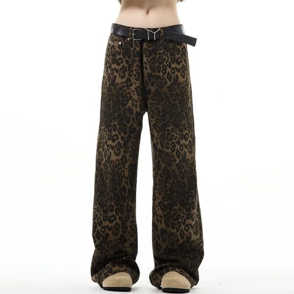 American High Street Original New Retro Leopard Designer Pants Print Jeans Unisex Straight Loose European And American Casual Floor-length Pants Men