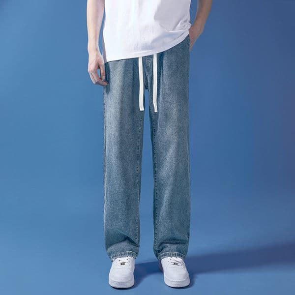 Designer Pants Men's Wide-leg Jeans Summer Korean Style Harajuku Casual Simple Trendy Loose Drawstring Straight-leg Floor-length Pants