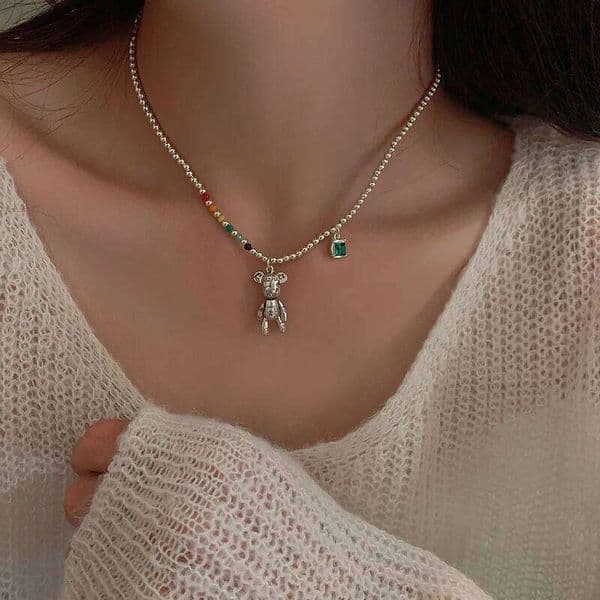 Rainbow Round Bead Teddy Bear Necklace 925 Sterling Silver Fashionable Sweater Collarbone Chain Multifunctional Jewelry H260304