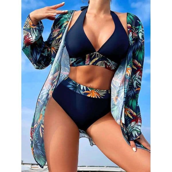 Halter Print Bikini Sets 3PCS Women Swimsuit With Kimono High Waist Swimwear Female Bathers Bathing Swimming Swim Suit Beachwear Y260303