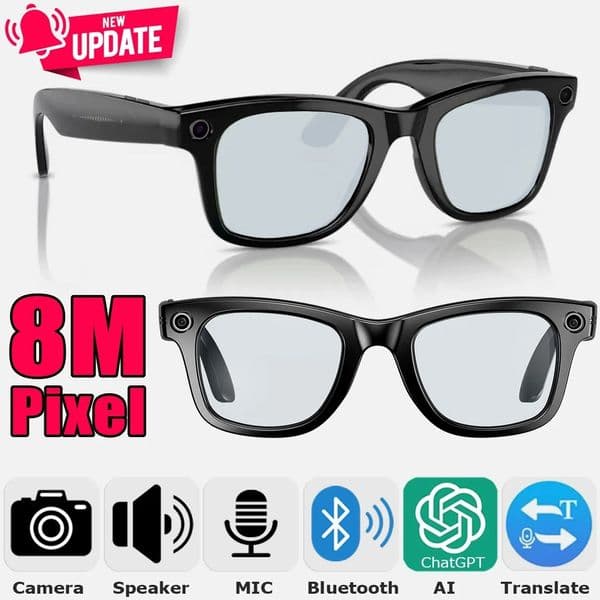 Smart Glasses with 8MP HD Camera Photo Video Recording, ChatGPT AI Photos Recognition, Q&A, Live Translation, Bluetooth Earphone Call, Music (Photochromic Lenses)