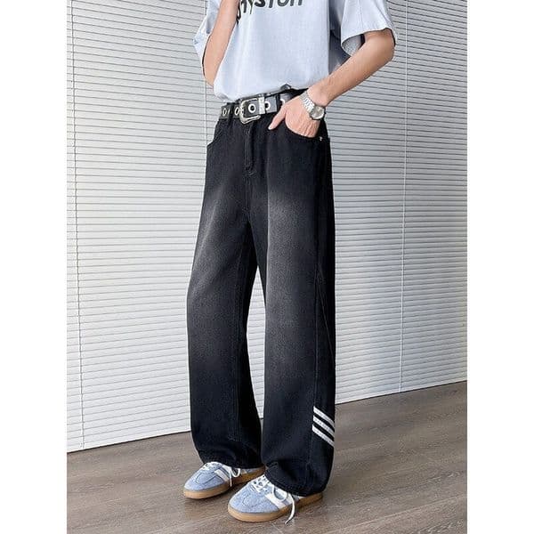 American-style Three-stripe Jeans For Men Summer Trendy Striped Design Straight Designer Pants Wide-leg Pants Clean-fit Long Trousers