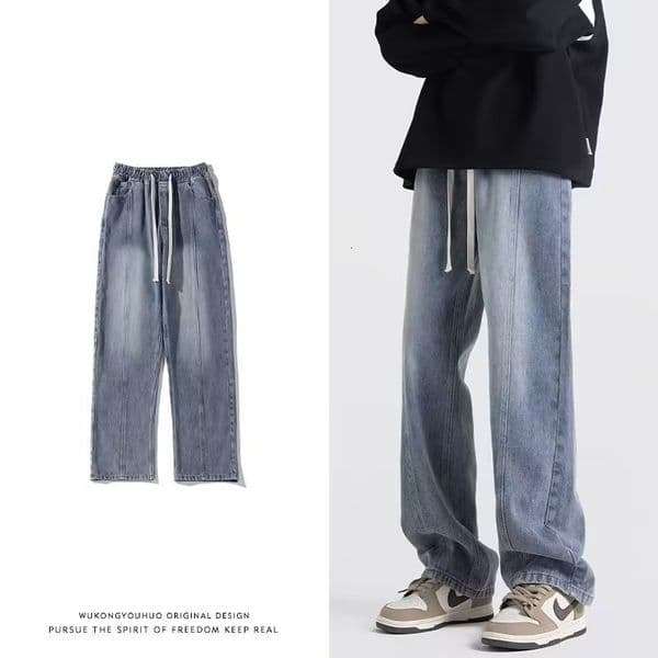 Yidian Apparel Men's Straight-leg Jeans New Summer Style Patchwork Washed Vintage Blue With Designer Pants Rope Details Floor-length Trousers