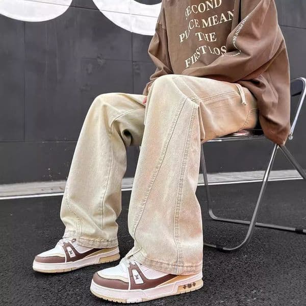 American-style Patchwork Yellow Mud-dyed Men's Jeans Autumn Designer Pants And Winter Style Loose Straight Wide Leg Drapey Slightly Flared Pants Vintage Plus Size