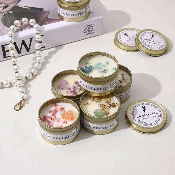1PC Crystal Stone Aromatherapy Plant Essential Oil Soybean Iron Can Candle Dry Flower W260304
