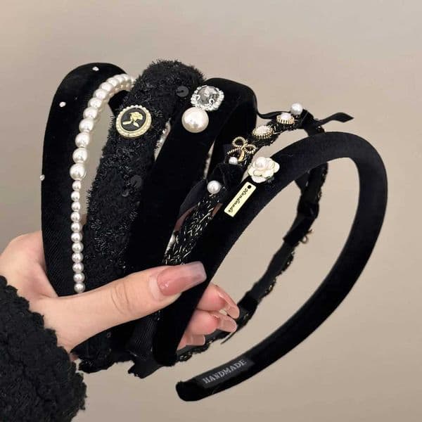 Korean Luxury Zircon Rhinestone Headbands for Women Female Black Velvet Pearl Hairbands Makeup Hair Hoops Hair Accessories H260304
