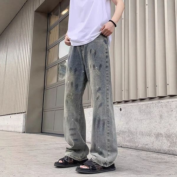 High Street Vibe Splatter-paint Graffiti Jeans For Men Autumn And Winter Unique Design Niche Trendy Brand Designer Pants Loose Straight Wide-leg Pants