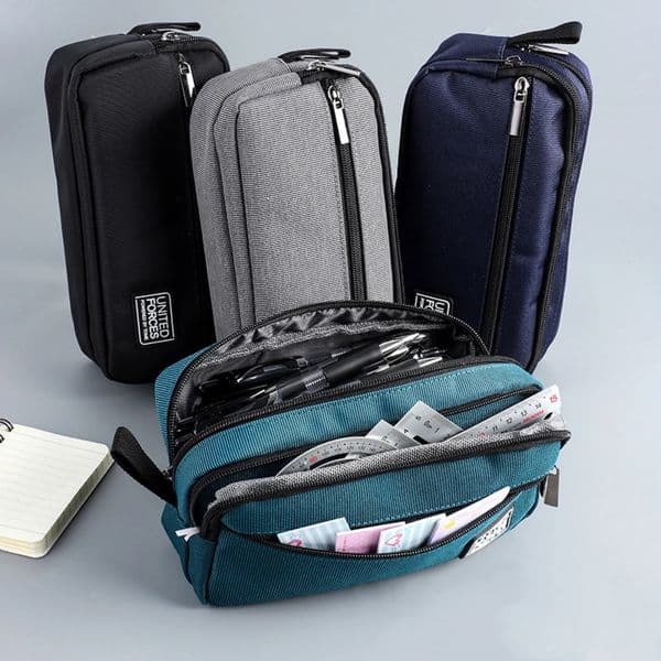 portable three-layer large capacity pencil bag boy canvas pen case school office supplies storage bag waterproof stationery bag 260304