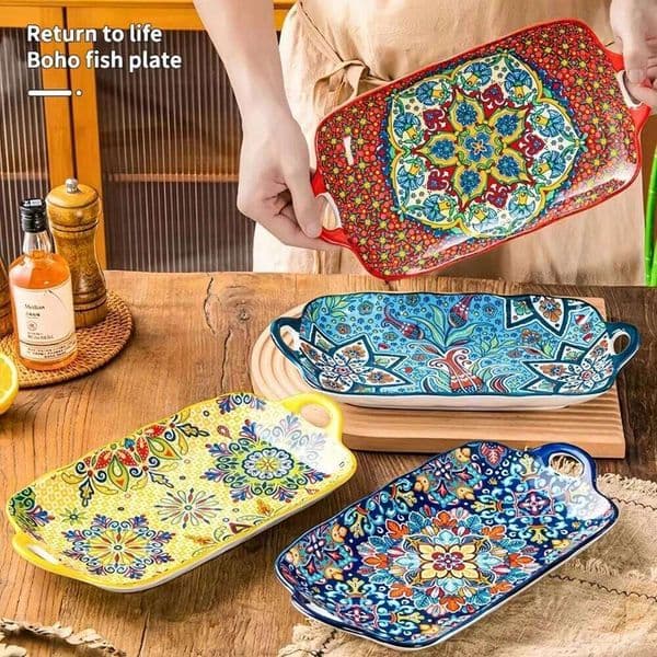 1pc Bohemian style ceramic fish dish with handle: 12.8-inch rectangular dining table tray, suitable for microwave and oven 26W0305